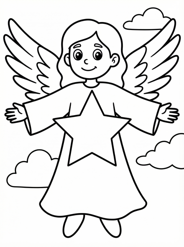 Free printable coloring page showing an angel holding a large star, perfect for kids to practice coloring skills and creativity