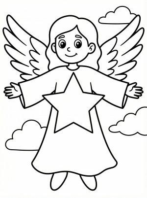 Free printable coloring page showing an angel holding a large star, perfect for kids to practice coloring skills and creativity