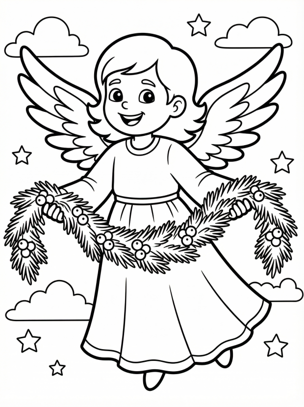Free printable coloring page showing an angel holding a garland, perfect for kids to practice creativity and fine motor skills