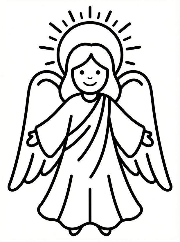 Free printable coloring page showing an angel with halo and wings, perfect for kids to practice coloring and fine motor skills