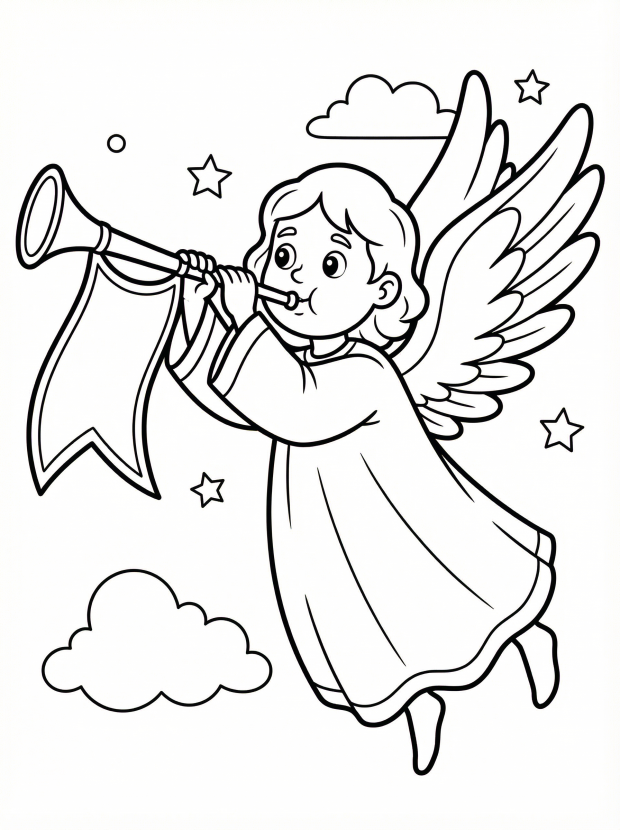 Free printable coloring page showing an angel blowing a horn and flying among stars and clouds, perfect for kids to practice coloring and creativity