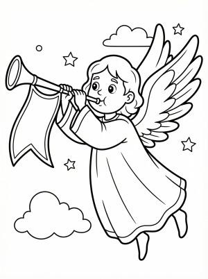 Free printable coloring page showing an angel blowing a horn and flying among stars and clouds, perfect for kids to practice coloring and creativity
