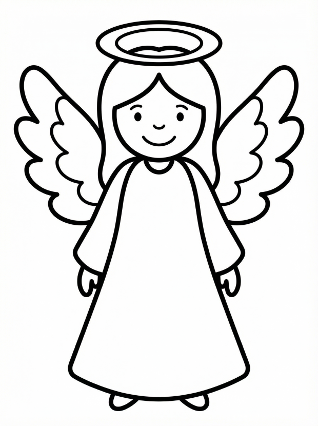 Free printable coloring page showing an angel with wings and halo, perfect for kids to practice fine motor skills and creativity
