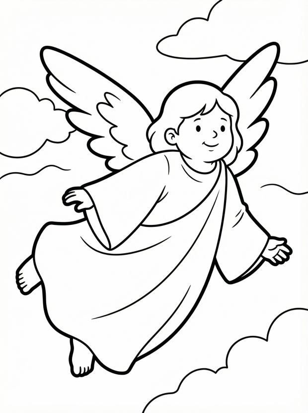 Free printable coloring page showing a flying angel with wings and robe, perfect for kids to practice coloring and fine motor skills