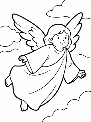 Free printable coloring page showing a flying angel with wings and robe, perfect for kids to practice coloring and fine motor skills