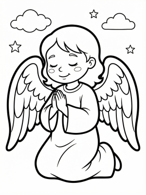 Free printable coloring page showing a praying angel with wings and stars, perfect for kids to practice fine motor control and creativity