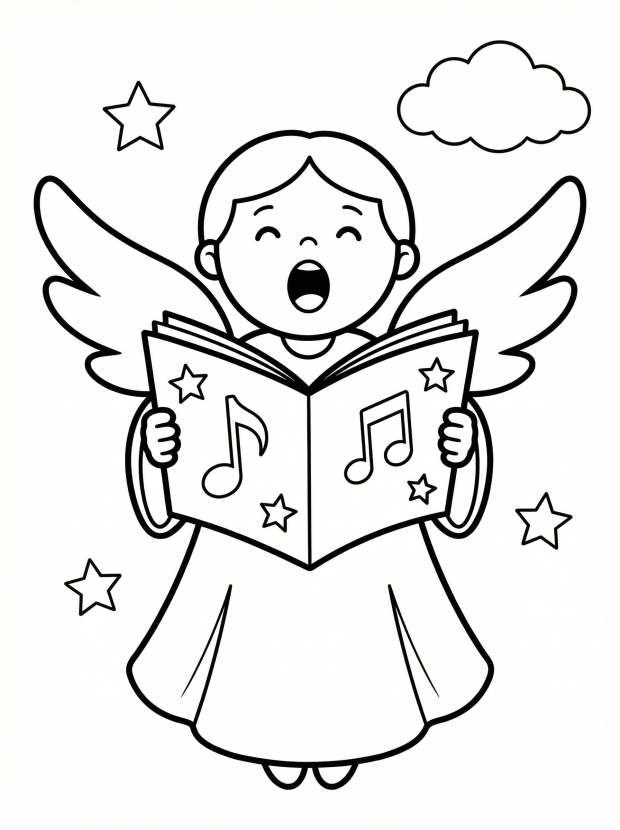 Free printable coloring page showing a singing angel holding a songbook, perfect for kids to practice coloring and learn about music