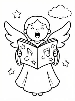 Free printable coloring page showing a singing angel holding a songbook, perfect for kids to practice coloring and learn about music