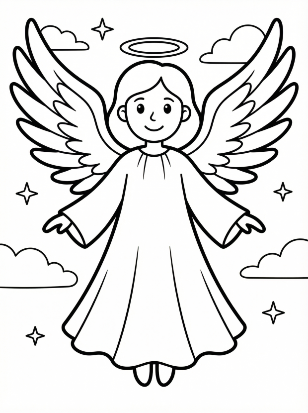 Free printable coloring page showing an angel ornament with wings and halo, perfect for kids to practice coloring and creativity