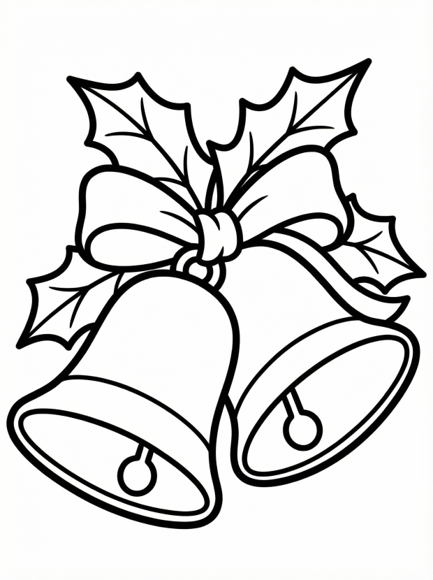 Free printable coloring page showing two bell ornaments with holly and a bow, perfect for kids to practice color choices and fine motor skills