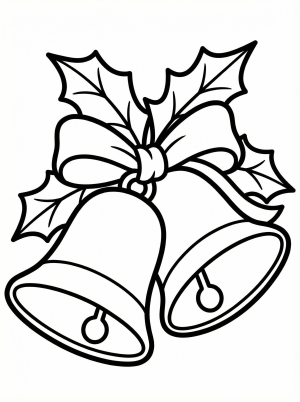 Free printable coloring page showing two bell ornaments with holly and a bow, perfect for kids to practice color choices and fine motor skills