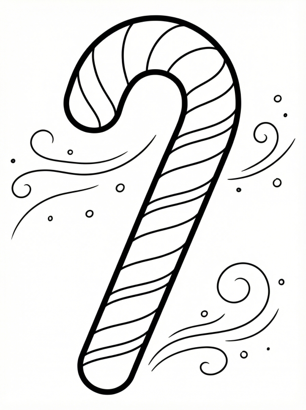 Free printable coloring page showing a candy cane ornament with swirls, perfect for kids to practice coloring and creativity