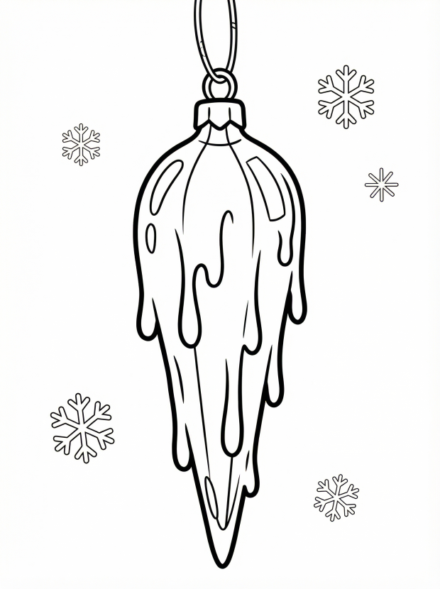 Free printable coloring page showing an icicle ornament with snowflakes, perfect for kids to practice fine motor skills and creativity
