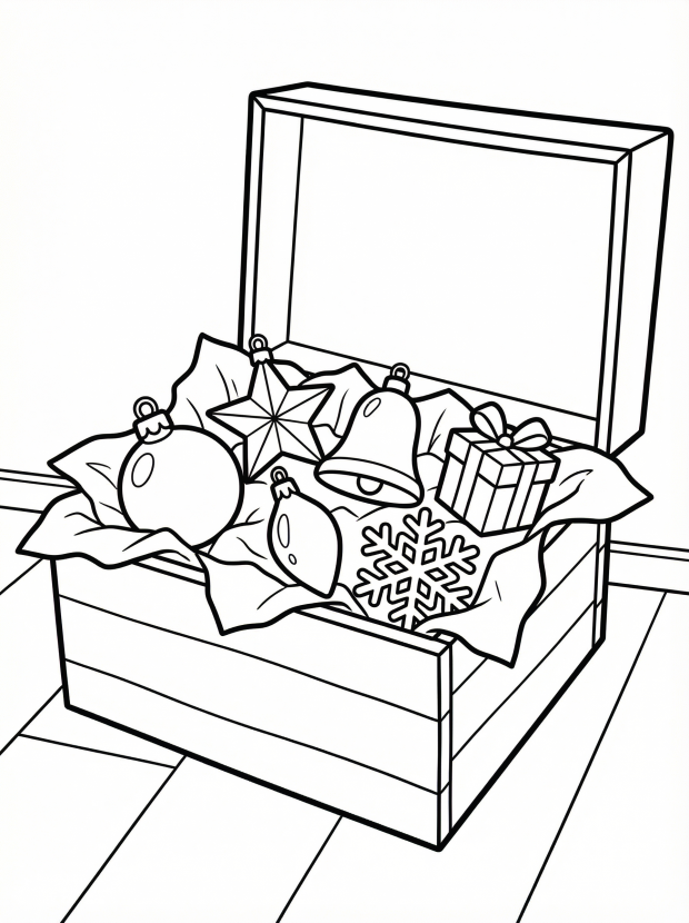 Free printable coloring page showing a box of Christmas ornaments and decorations, perfect for kids to practice fine motor skills and color recognition