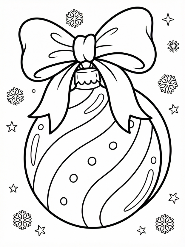 Free printable coloring page showing an ornament with a large bow and snowflakes, perfect for kids to practice creativity and fine motor skills