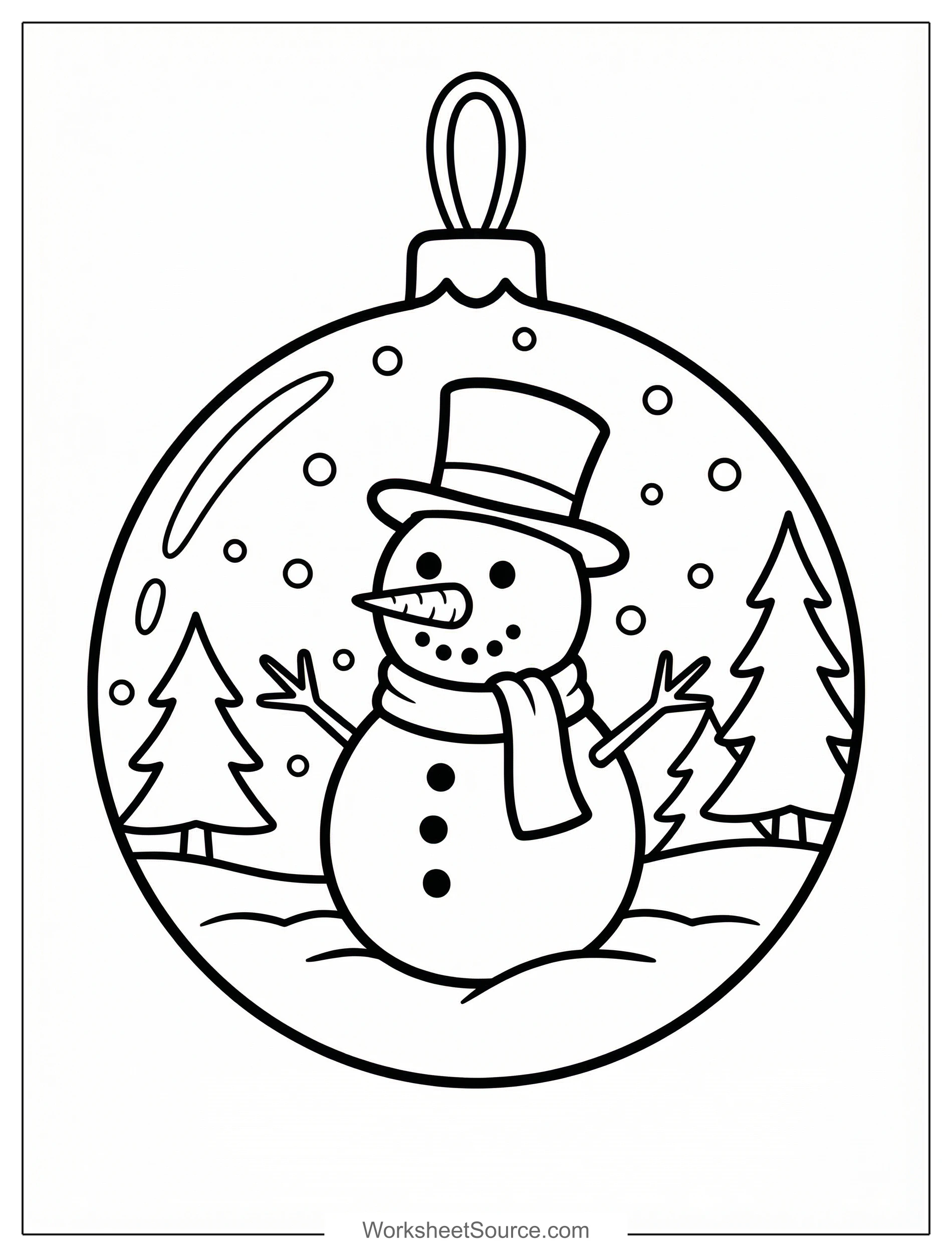 Free printable coloring page showing an ornament with a snowman inside, perfect for kids to practice fine motor skills and creativity