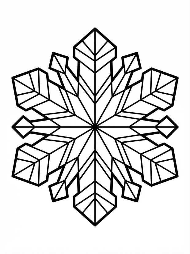 Free printable coloring page showing a geometric snowflake ornament, perfect for kids to practice fine motor skills and creativity