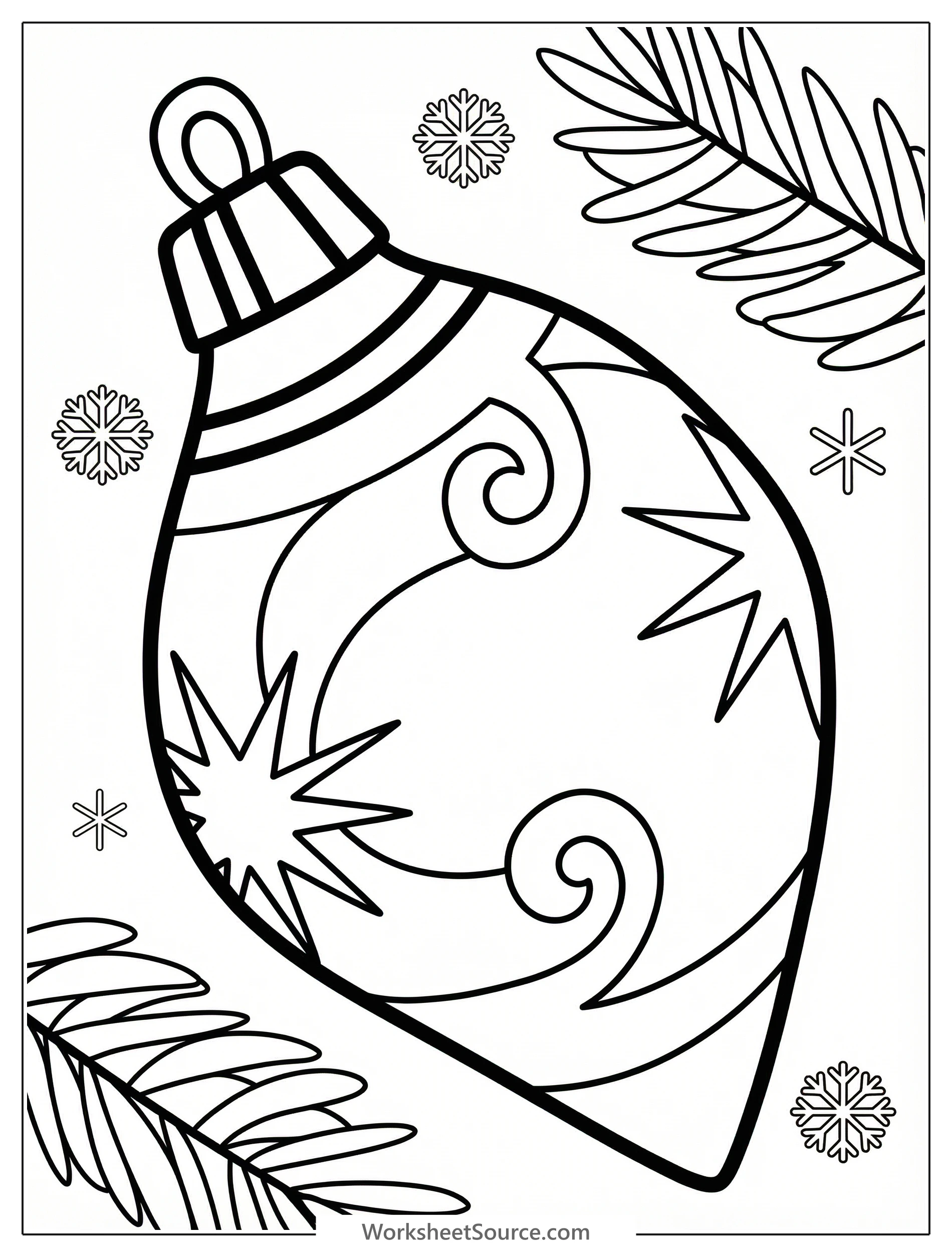 Line art drawing of an antique Christmas ornament featuring a delicate teardrop shape, a decorative cap top, and intricate patterns ready for coloring.