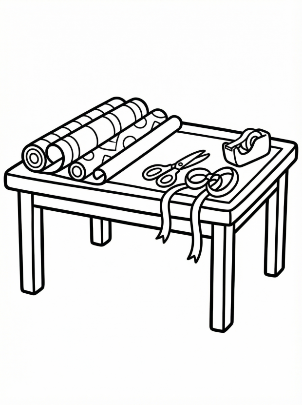 Free printable coloring page showing a gift wrapping station with rolls of paper scissors tape and ribbons, perfect for kids to practice creativity and focus