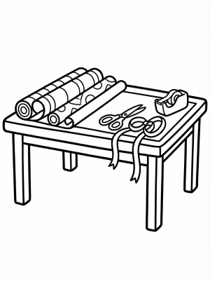 Free printable coloring page showing a gift wrapping station with rolls of paper scissors tape and ribbons, perfect for kids to practice creativity and focus