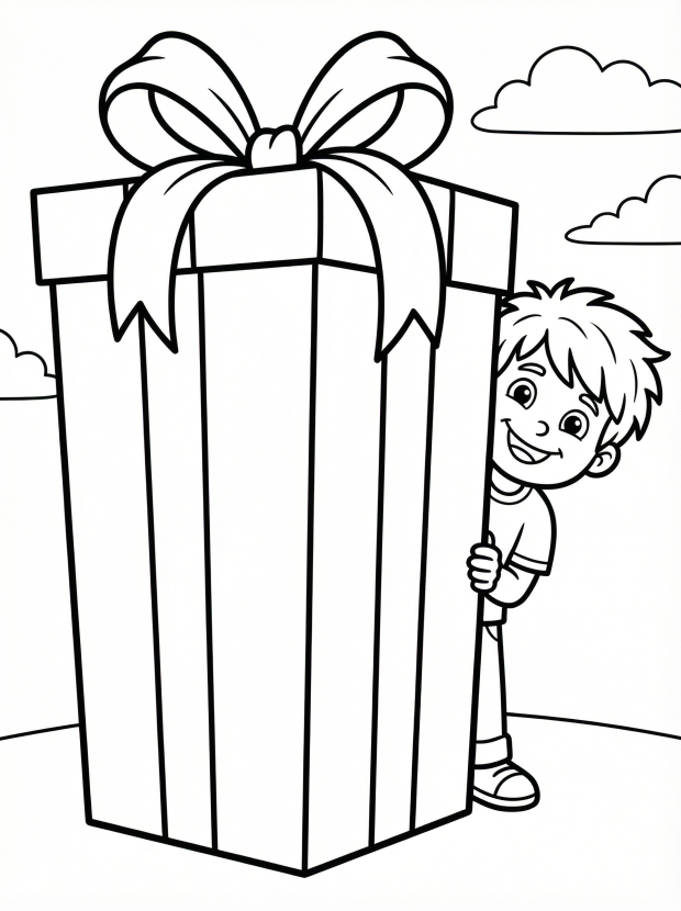 Free printable coloring page showing a large gift box with ribbon and a child peeking, perfect for kids to practice coloring and creativity