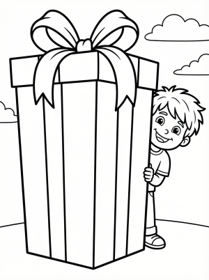 Free printable coloring page showing a large gift box with ribbon and a child peeking, perfect for kids to practice coloring and creativity