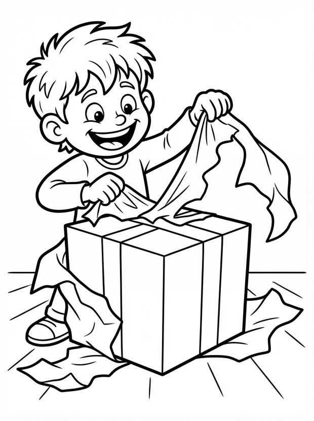 Free printable coloring page showing a child opening a present, perfect for kids to practice fine motor skills and creativity