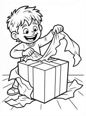 Free printable coloring page showing a child opening a present, perfect for kids to practice fine motor skills and creativity