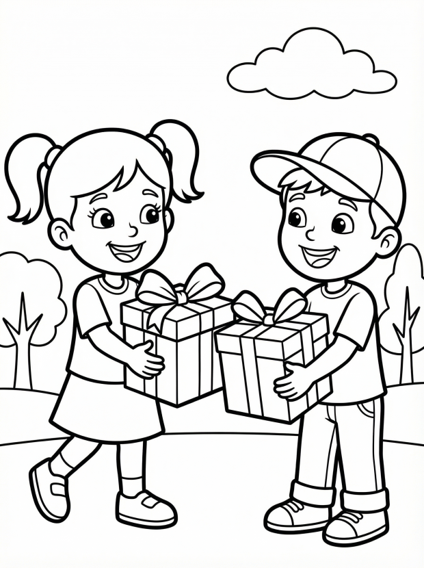 Free printable coloring page showing two children exchanging wrapped presents, perfect for kids to practice coloring and storytelling