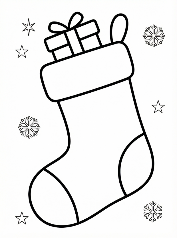 Free printable coloring page showing a stocking with a present and snowflakes, perfect for kids to practice coloring and creativity