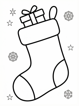 Free printable coloring page showing a stocking with a present and snowflakes, perfect for kids to practice coloring and creativity