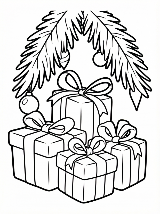Free printable coloring page showing presents under a tree branch, perfect for kids to practice coloring and fine motor skills