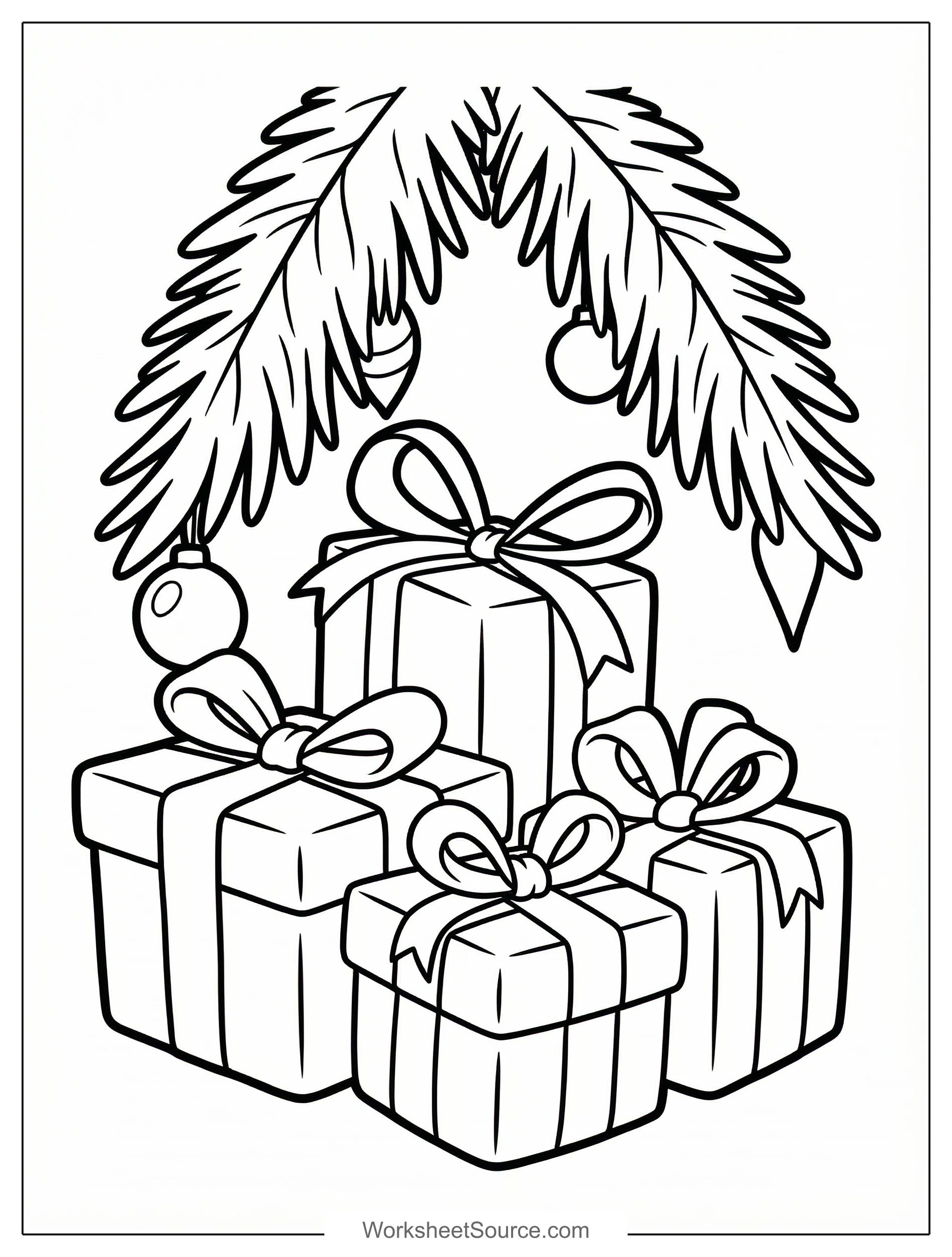 Free printable coloring page showing presents under a tree branch, perfect for kids to practice coloring and fine motor skills