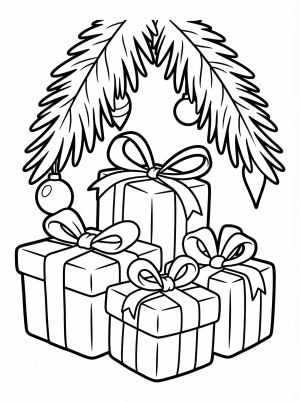 Free printable coloring page showing presents under a tree branch, perfect for kids to practice coloring and fine motor skills