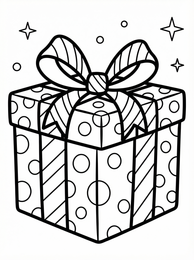 Free printable coloring page showing a patterned present with bow, perfect for kids to practice creativity and color recognition