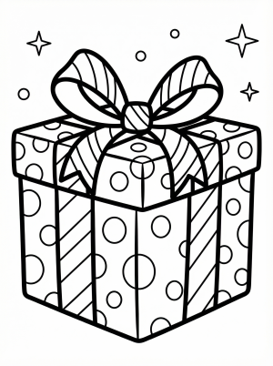 Free printable coloring page showing a patterned present with bow, perfect for kids to practice creativity and color recognition