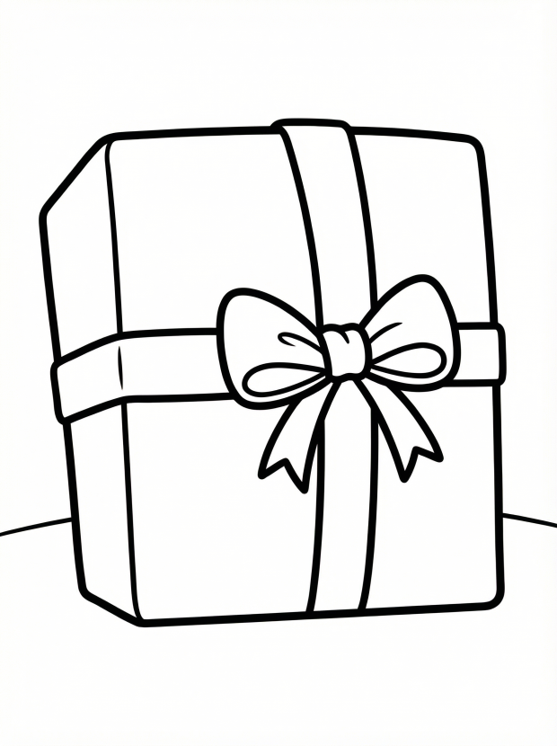 Free printable coloring page showing a wrapped present with ribbon and bow, perfect for kids to practice color choice and fine motor skills