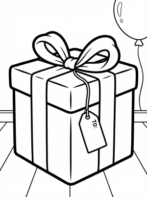 Free printable coloring page showing a wrapped present with a tag and bow, perfect for kids to practice coloring and creativity