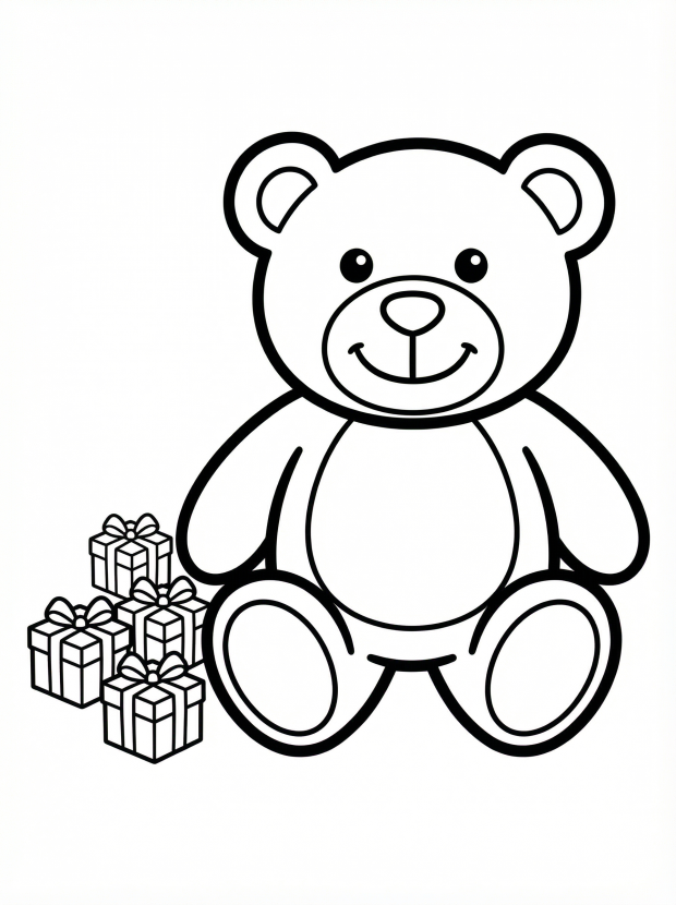 Free printable coloring page showing small wrapped presents beside a teddy bear, perfect for kids to practice focus and color recognition