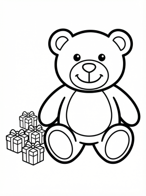 Free printable coloring page showing small wrapped presents beside a teddy bear, perfect for kids to practice focus and color recognition
