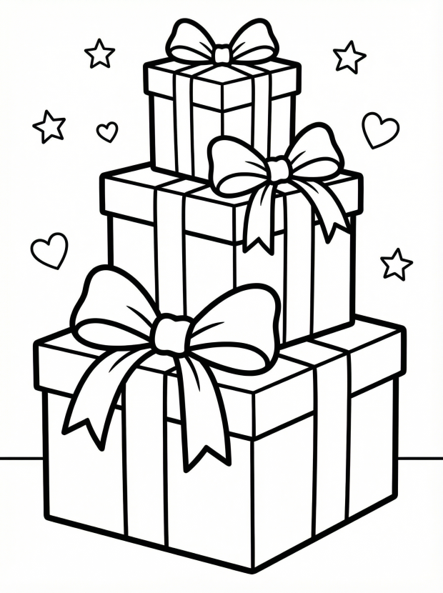 Free printable coloring page showing a stack of presents with bows and stars, perfect for kids to practice coloring and creativity