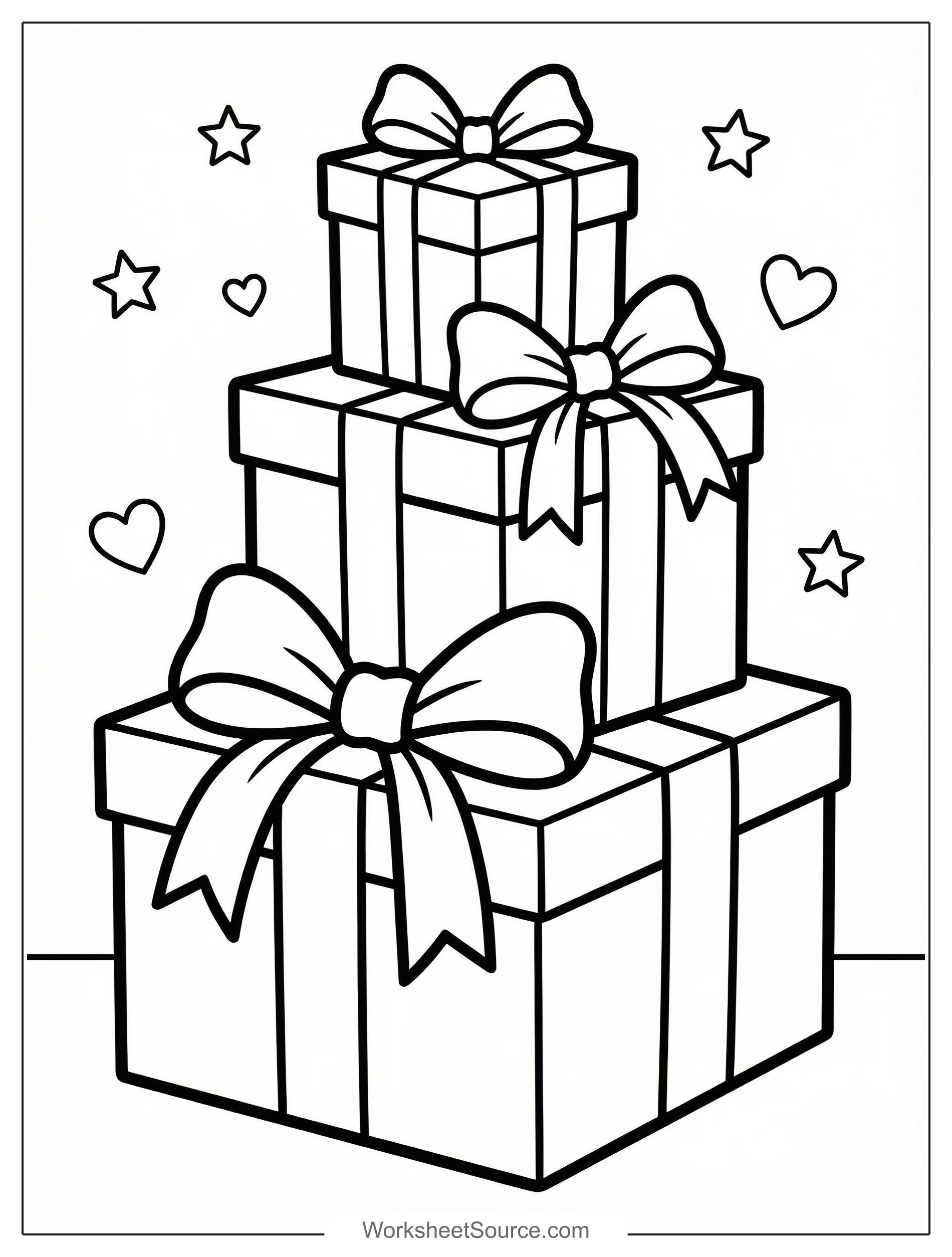Free printable coloring page showing a stack of presents with bows and stars, perfect for kids to practice coloring and creativity