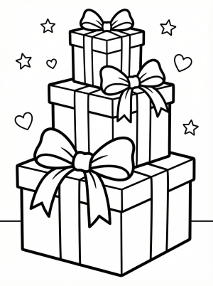 Free printable coloring page showing a stack of presents with bows and stars, perfect for kids to practice coloring and creativity