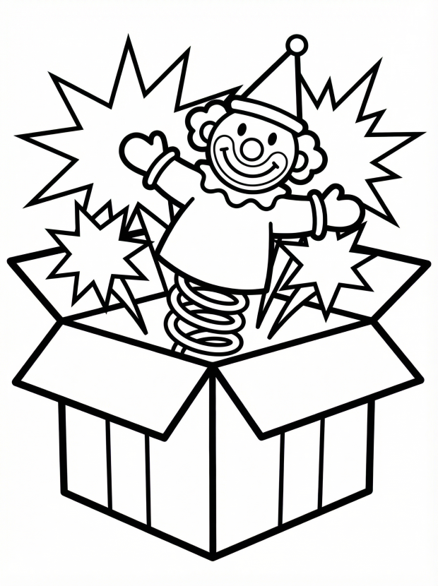 Free printable coloring page showing a jack in the box surprise present, perfect for kids to practice coloring and spark creativity