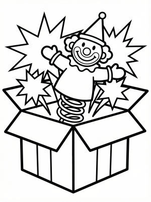 Free printable coloring page showing a jack in the box surprise present, perfect for kids to practice coloring and spark creativity