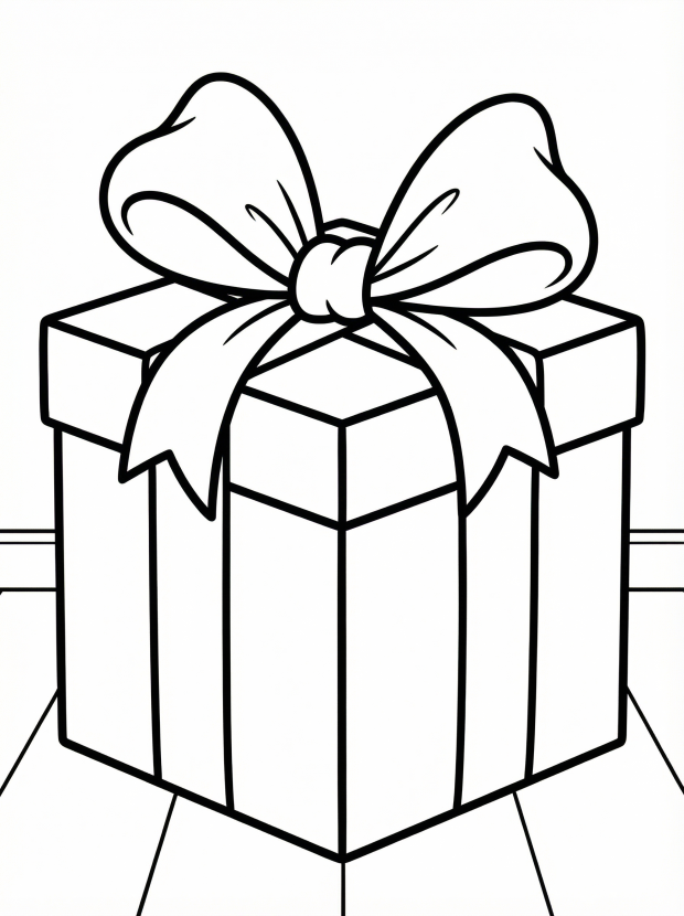 Free printable coloring page showing a wrapped present with a big bow, perfect for kids to practice coloring and creativity