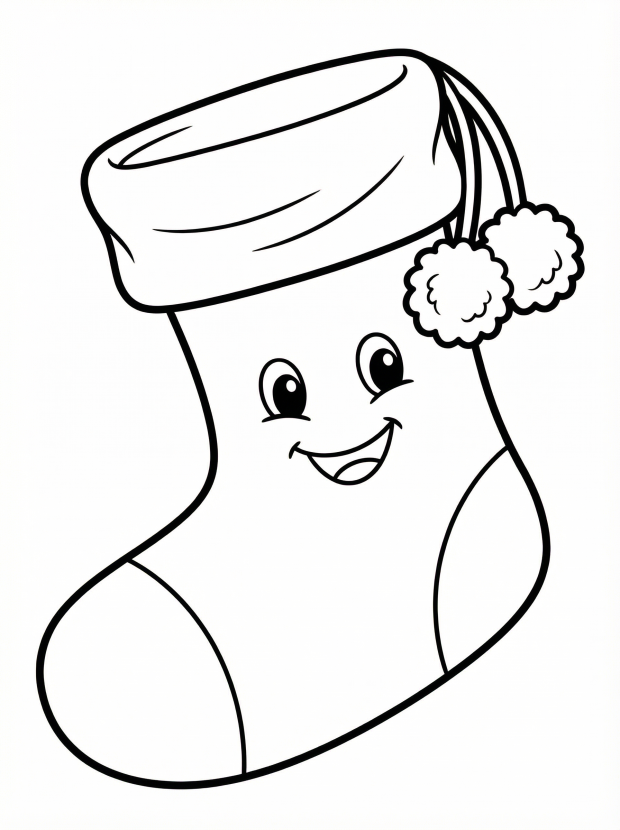 Free printable coloring page showing a cute smiling Christmas stocking with pom poms, perfect for kids to practice color choice and fine motor skills