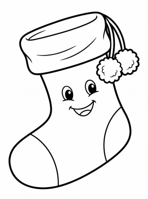 Free printable coloring page showing a cute smiling Christmas stocking with pom poms, perfect for kids to practice color choice and fine motor skills
