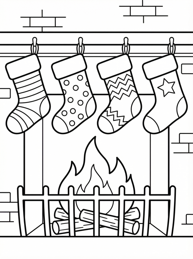 Free printable coloring page showing four family stockings hanging over a fireplace, perfect for kids to practice coloring and pattern matching