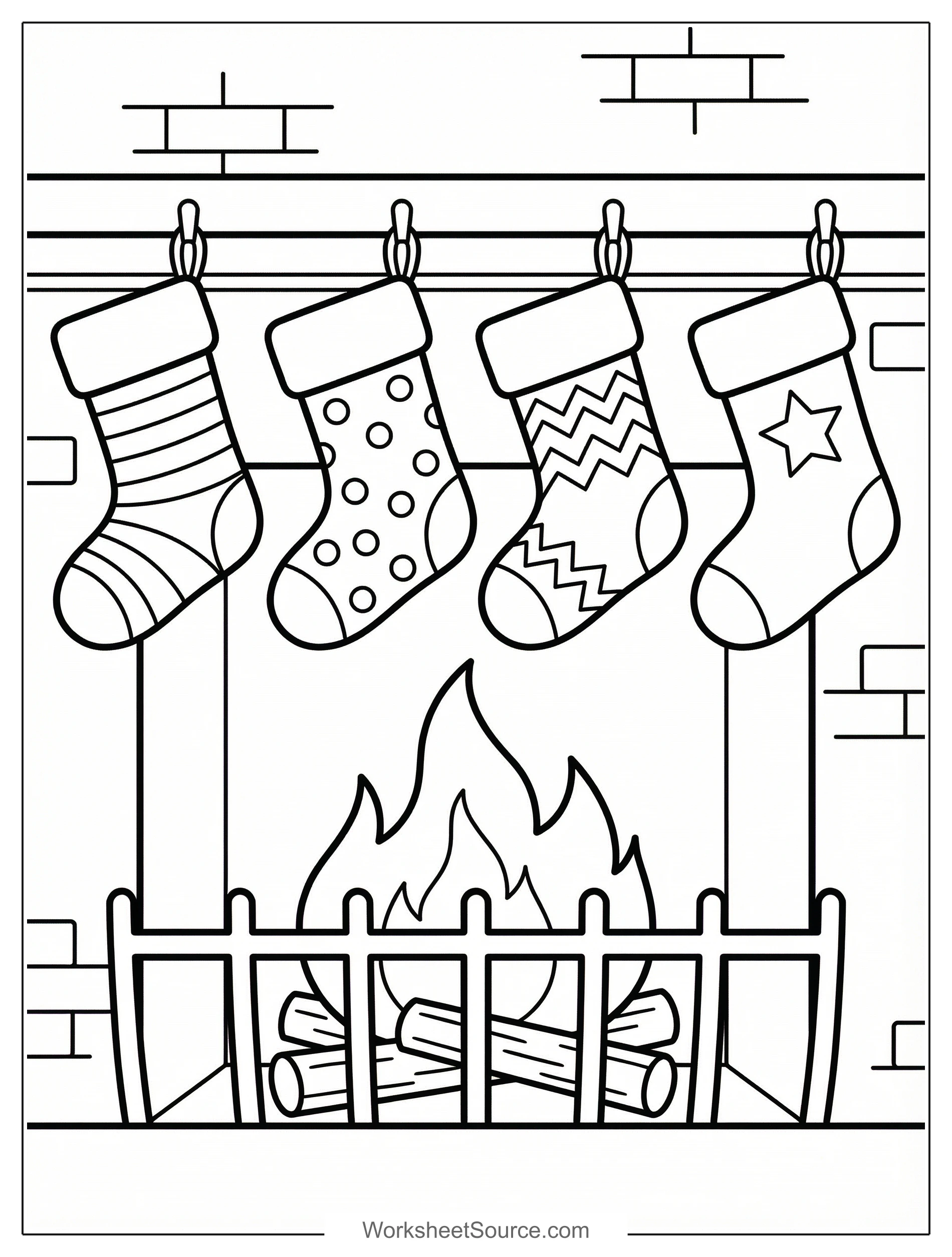 Free printable coloring page showing four family stockings hanging over a fireplace, perfect for kids to practice coloring and pattern matching